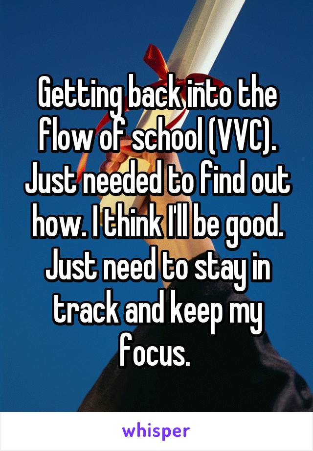 Getting back into the flow of school (VVC). Just needed to find out how. I think I'll be good. Just need to stay in track and keep my focus. 