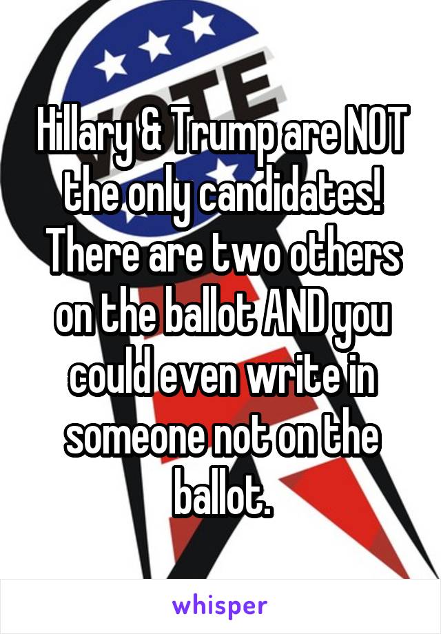 Hillary & Trump are NOT the only candidates! There are two others on the ballot AND you could even write in someone not on the ballot.