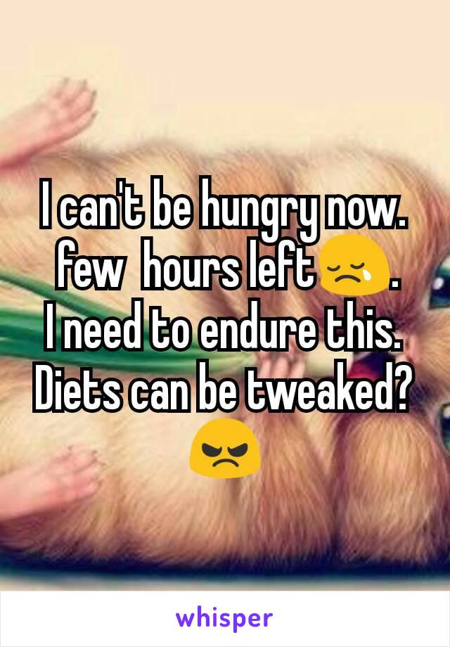 I can't be hungry now.
 few  hours left😢.
I need to endure this.
Diets can be tweaked?😠