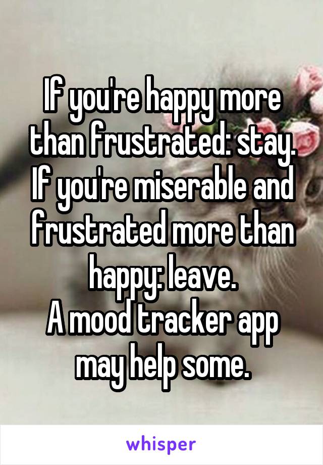 If you're happy more than frustrated: stay.
If you're miserable and frustrated more than happy: leave.
A mood tracker app may help some.