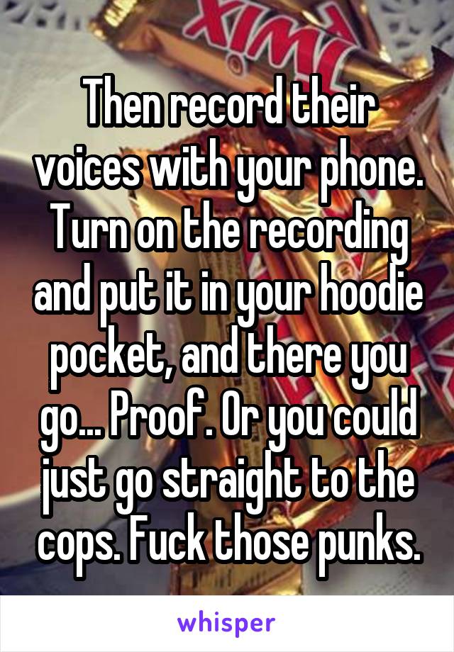 Then record their voices with your phone. Turn on the recording and put it in your hoodie pocket, and there you go... Proof. Or you could just go straight to the cops. Fuck those punks.