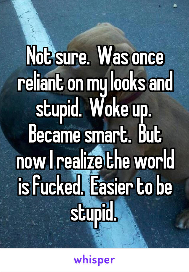 Not sure.  Was once reliant on my looks and stupid.  Woke up.  Became smart.  But now I realize the world is fucked.  Easier to be stupid. 