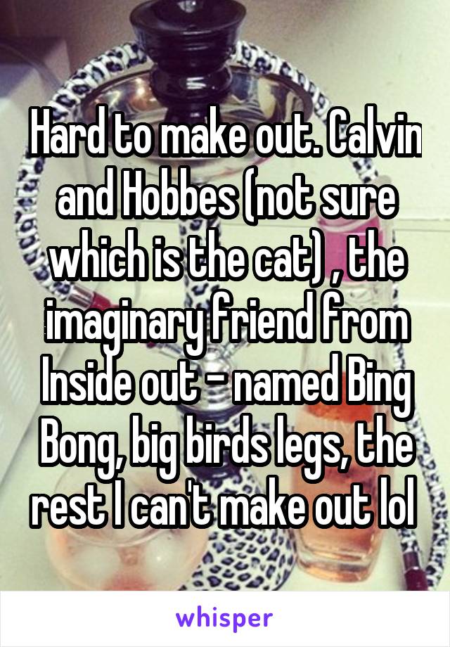 Hard to make out. Calvin and Hobbes (not sure which is the cat) , the imaginary friend from Inside out - named Bing Bong, big birds legs, the rest I can't make out lol 
