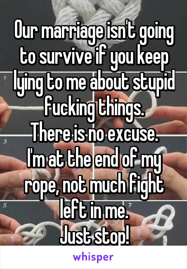 Our marriage isn't going to survive if you keep lying to me about stupid fucking things.
There is no excuse.
I'm at the end of my rope, not much fight left in me.
Just stop!