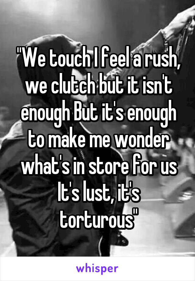 "We touch I feel a rush, we clutch but it isn't enough But it's enough to make me wonder what's in store for us
It's lust, it's torturous"