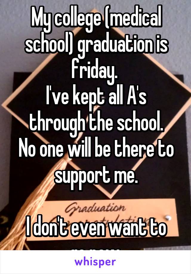 My college (medical school) graduation is friday. 
I've kept all A's through the school.
No one will be there to support me.

I don't even want to go now.
