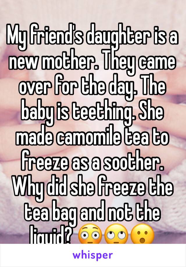 My friend's daughter is a new mother. They came over for the day. The baby is teething. She made camomile tea to freeze as a soother. Why did she freeze the tea bag and not the liquid? 😳🙄😮