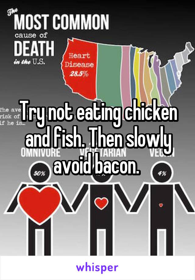 Try not eating chicken and fish. Then slowly avoid bacon. 
