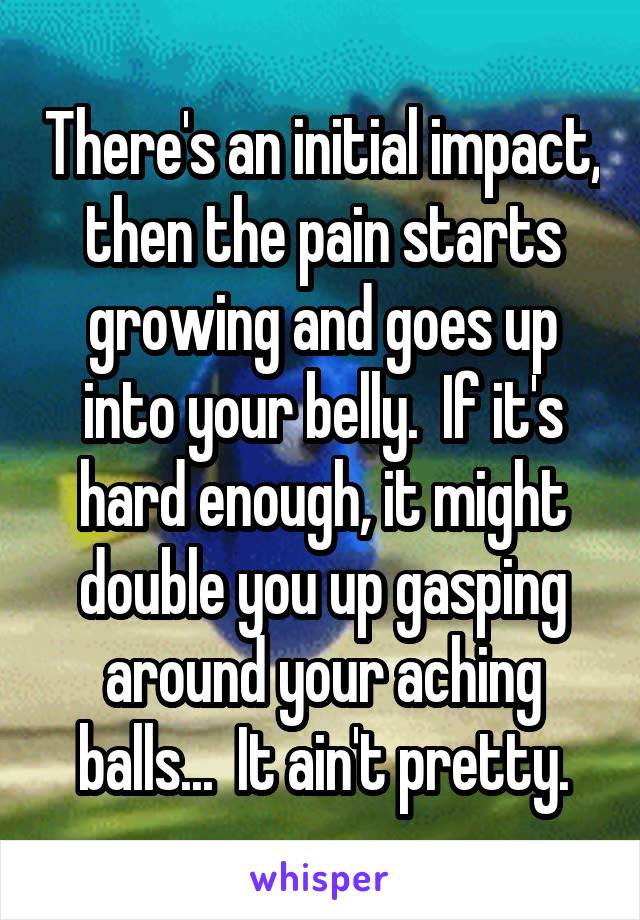 There's an initial impact, then the pain starts growing and goes up into your belly.  If it's hard enough, it might double you up gasping around your aching balls...  It ain't pretty.