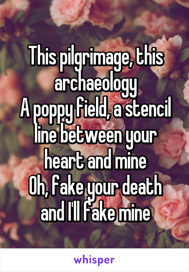 This pilgrimage, this archaeology
A poppy field, a stencil line between your heart and mine
Oh, fake your death and I'll fake mine
