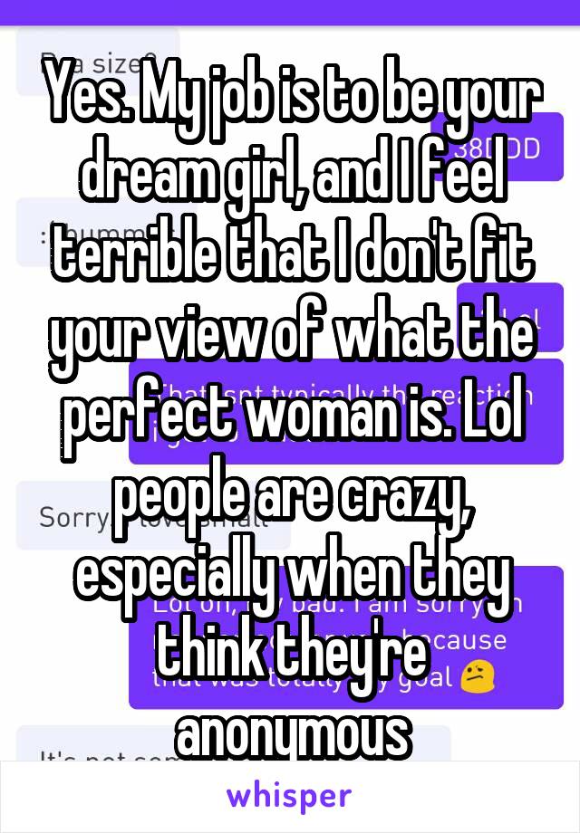 Yes. My job is to be your dream girl, and I feel terrible that I don't fit your view of what the perfect woman is. Lol people are crazy, especially when they think they're anonymous