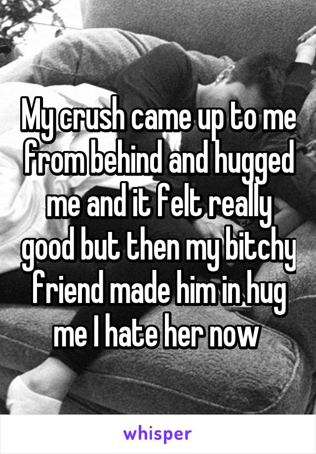 My crush came up to me from behind and hugged me and it felt really good but then my bitchy friend made him in hug me I hate her now 