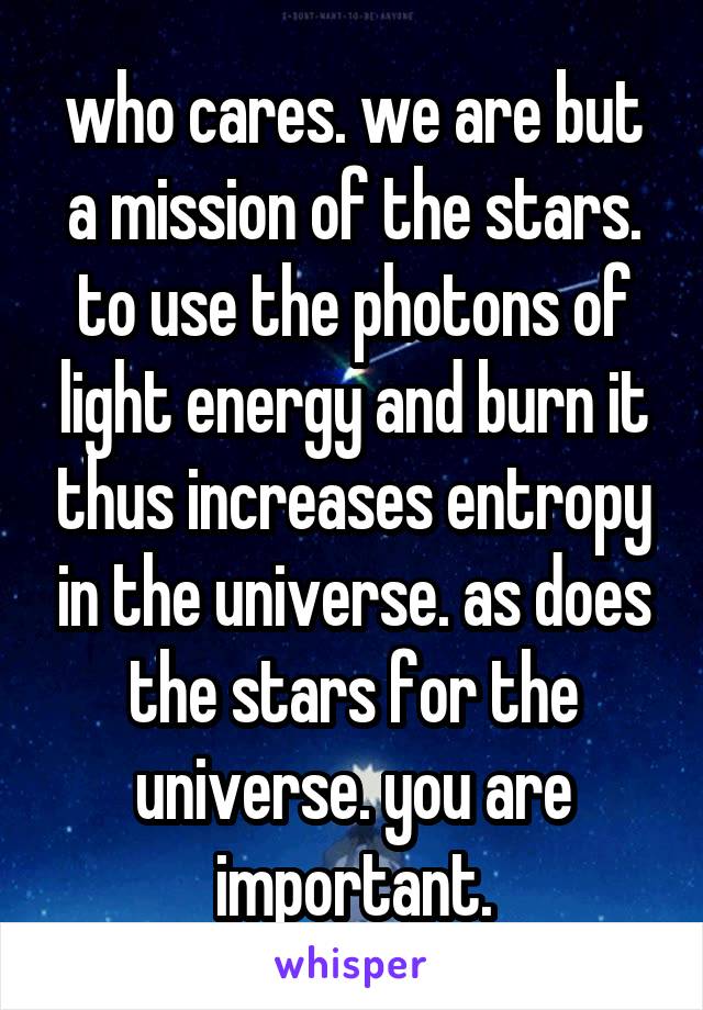 who cares. we are but a mission of the stars. to use the photons of light energy and burn it thus increases entropy in the universe. as does the stars for the universe. you are important.