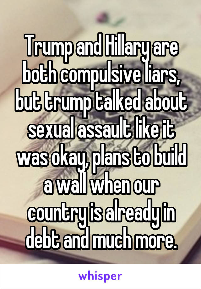 Trump and Hillary are both compulsive liars, but trump talked about sexual assault like it was okay, plans to build a wall when our country is already in debt and much more.