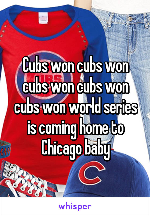 Cubs won cubs won cubs won cubs won cubs won world series is coming home to Chicago baby