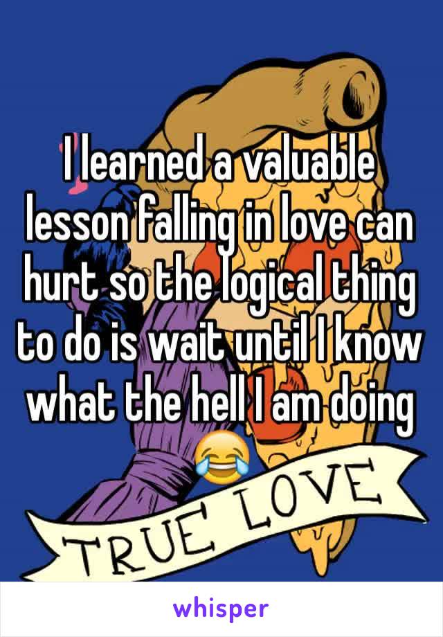 I learned a valuable lesson falling in love can hurt so the logical thing to do is wait until I know what the hell I am doing 😂