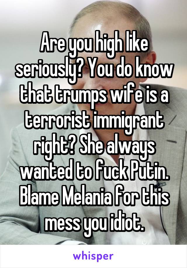 Are you high like seriously? You do know that trumps wife is a terrorist immigrant right? She always wanted to fuck Putin. Blame Melania for this mess you idiot.
