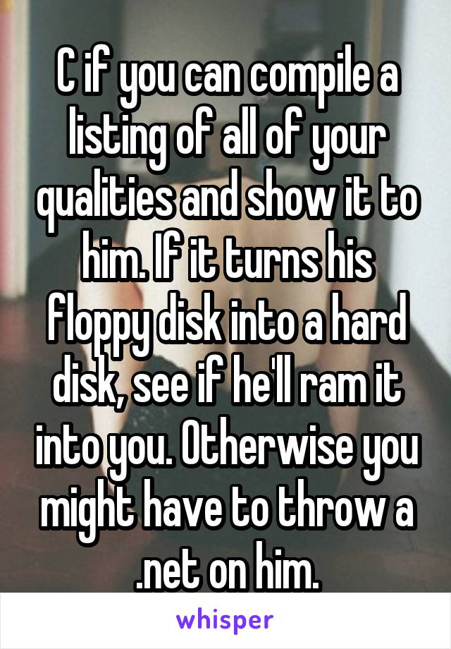 C if you can compile a listing of all of your qualities and show it to him. If it turns his floppy disk into a hard disk, see if he'll ram it into you. Otherwise you might have to throw a .net on him.