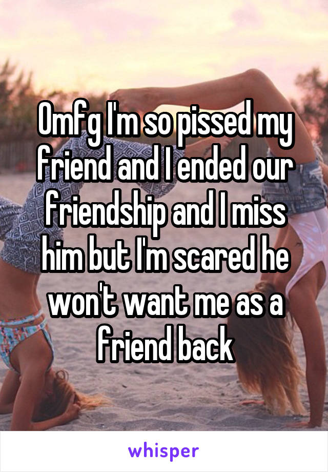 Omfg I'm so pissed my friend and I ended our friendship and I miss him but I'm scared he won't want me as a friend back