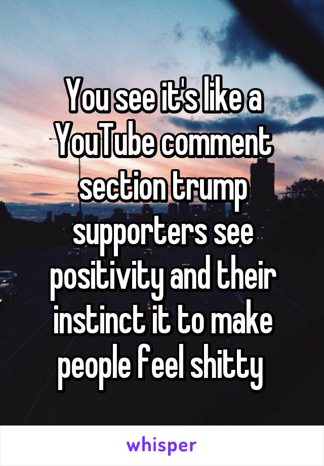 You see it's like a YouTube comment section trump supporters see positivity and their instinct it to make people feel shitty 