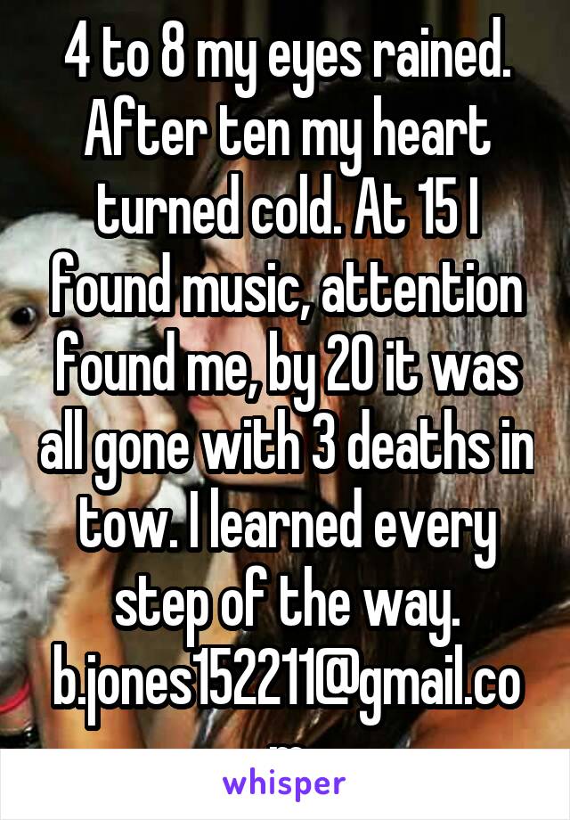 4 to 8 my eyes rained. After ten my heart turned cold. At 15 I found music, attention found me, by 20 it was all gone with 3 deaths in tow. I learned every step of the way.
b.jones152211@gmail.com