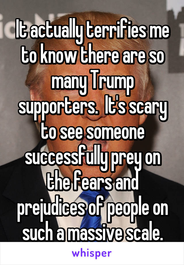 It actually terrifies me to know there are so many Trump supporters.  It's scary to see someone successfully prey on the fears and prejudices of people on such a massive scale.