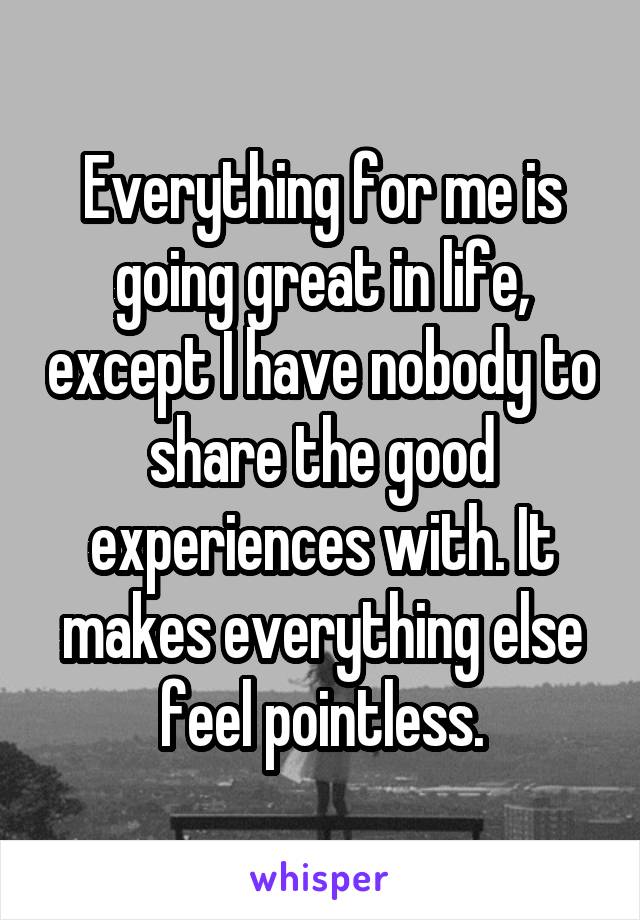 Everything for me is going great in life, except I have nobody to share the good experiences with. It makes everything else feel pointless.