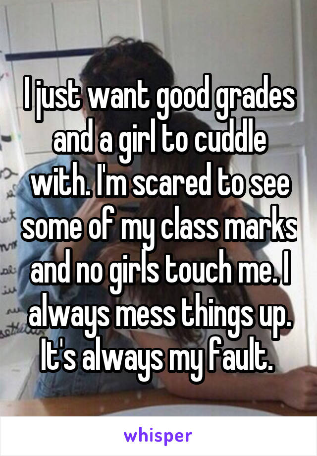 I just want good grades and a girl to cuddle with. I'm scared to see some of my class marks and no girls touch me. I always mess things up. It's always my fault. 