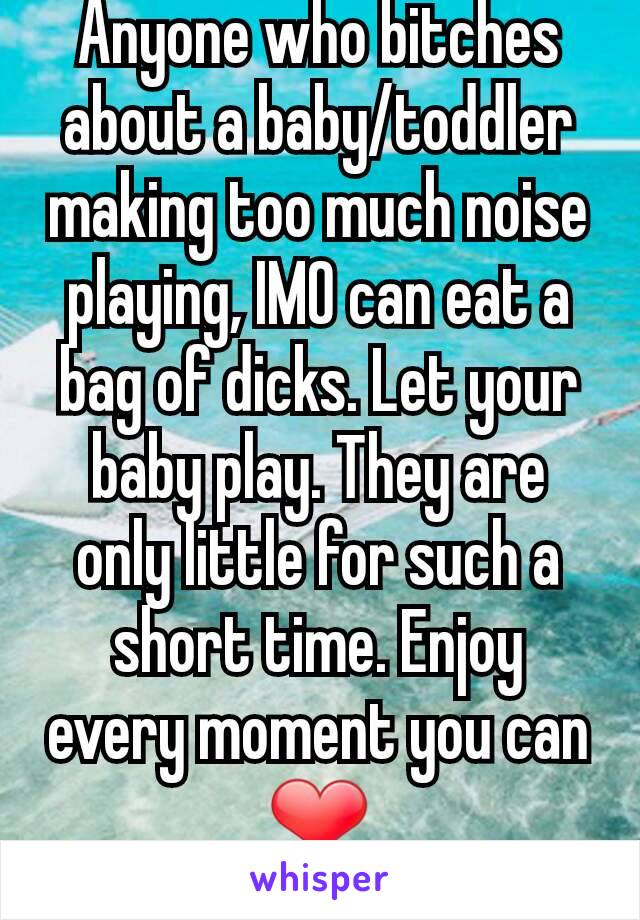 Anyone who bitches about a baby/toddler making too much noise playing, IMO can eat a bag of dicks. Let your baby play. They are only little for such a short time. Enjoy every moment you can ❤