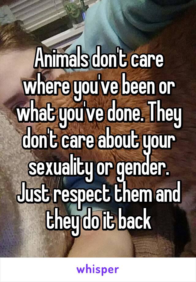 Animals don't care where you've been or what you've done. They don't care about your sexuality or gender. Just respect them and they do it back