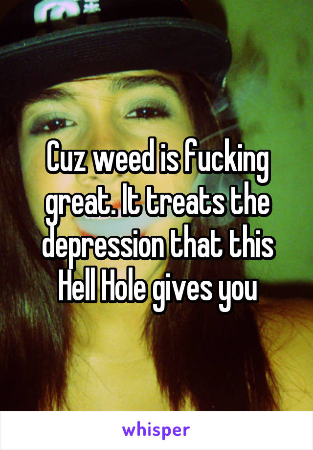 Cuz weed is fucking great. It treats the depression that this Hell Hole gives you