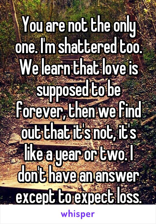 You are not the only one. I'm shattered too. We learn that love is supposed to be forever, then we find out that it's not, it's like a year or two. I don't have an answer except to expect loss.