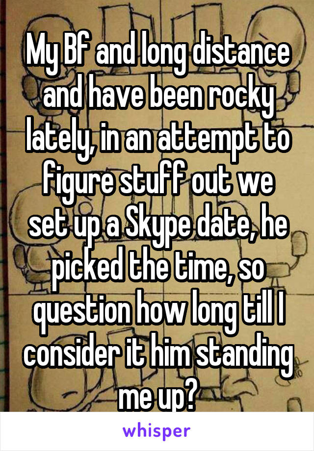 My Bf and long distance and have been rocky lately, in an attempt to figure stuff out we set up a Skype date, he picked the time, so question how long till I consider it him standing me up?