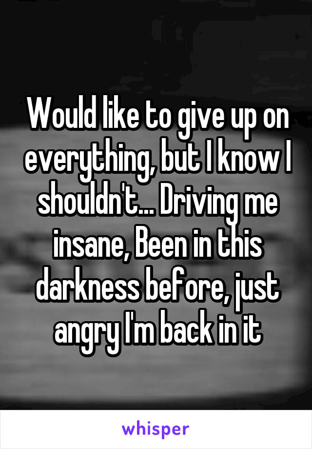 Would like to give up on everything, but I know I shouldn't... Driving me insane, Been in this darkness before, just angry I'm back in it