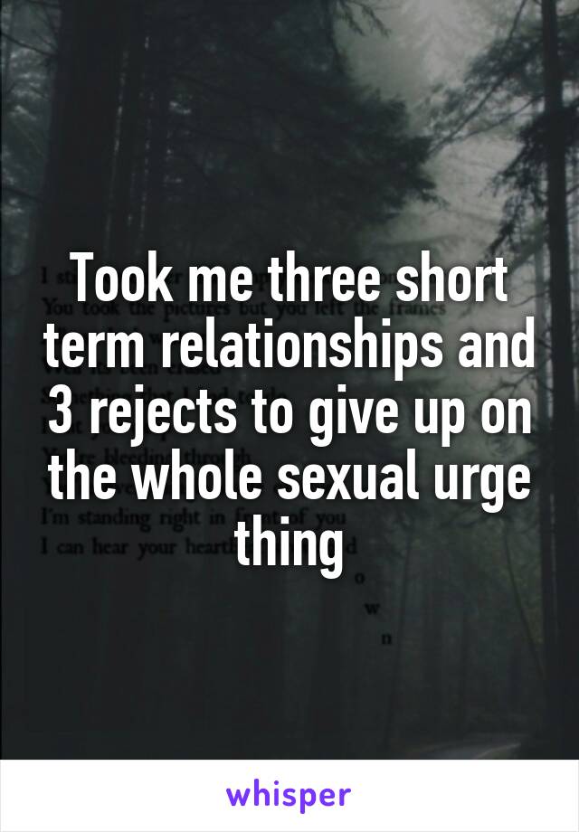 Took me three short term relationships and 3 rejects to give up on the whole sexual urge thing
