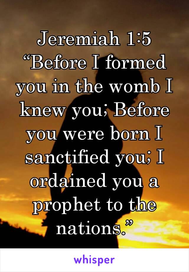 Jeremiah 1:5
“Before I formed you in the womb I knew you; Before you were born I sanctified you; I ordained you a prophet to the nations.”
