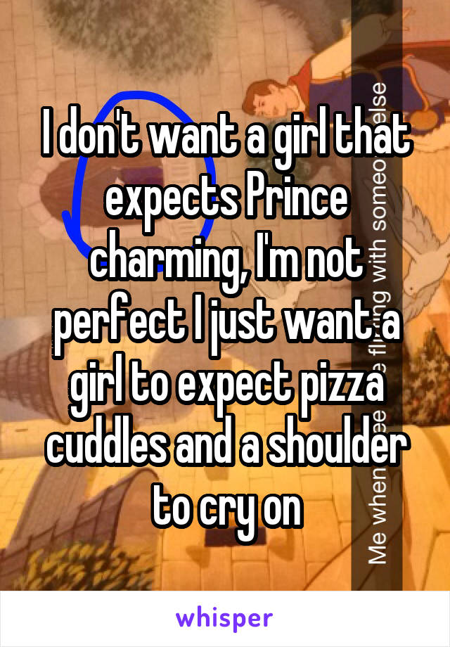 I don't want a girl that expects Prince charming, I'm not perfect I just want a girl to expect pizza cuddles and a shoulder to cry on