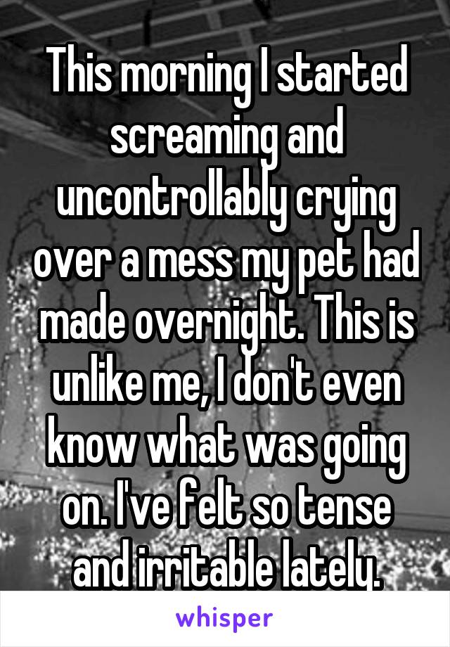 This morning I started screaming and uncontrollably crying over a mess my pet had made overnight. This is unlike me, I don't even know what was going on. I've felt so tense and irritable lately.