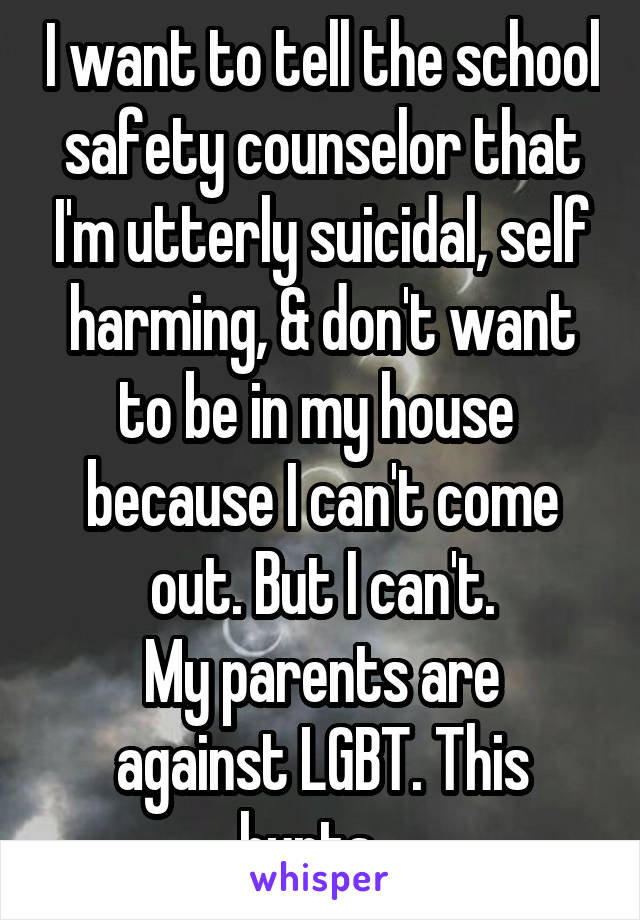 I want to tell the school safety counselor that I'm utterly suicidal, self harming, & don't want to be in my house  because I can't come out. But I can't.
My parents are against LGBT. This hurts...