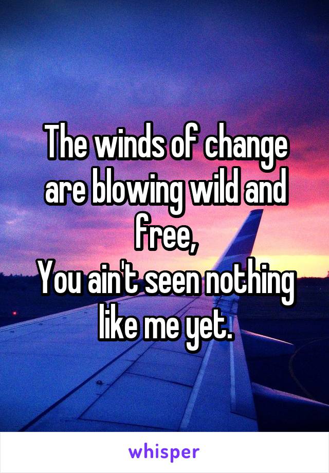 The winds of change are blowing wild and free,
You ain't seen nothing like me yet.