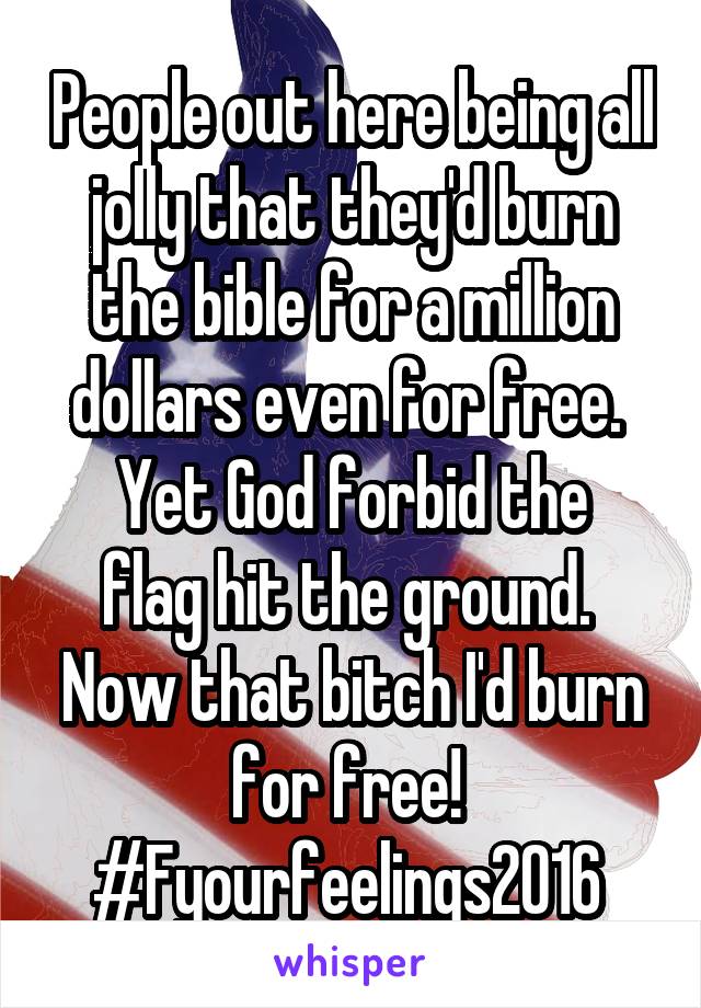 People out here being all jolly that they'd burn the bible for a million dollars even for free. 
Yet God forbid the flag hit the ground. 
Now that bitch I'd burn for free! 
#Fyourfeelings2016 