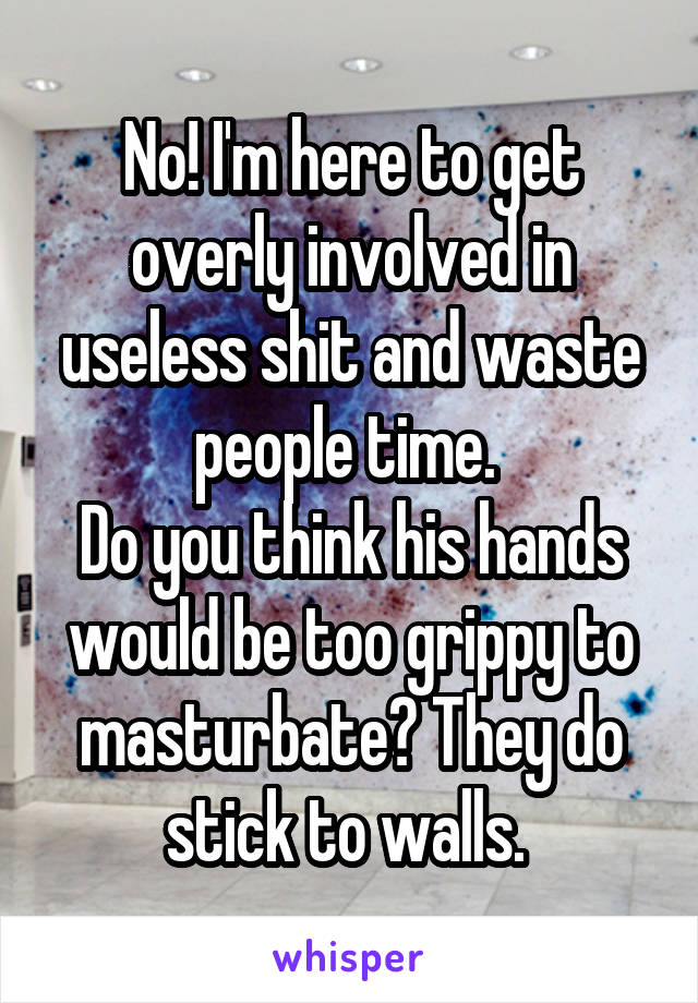 No! I'm here to get overly involved in useless shit and waste people time. 
Do you think his hands would be too grippy to masturbate? They do stick to walls. 