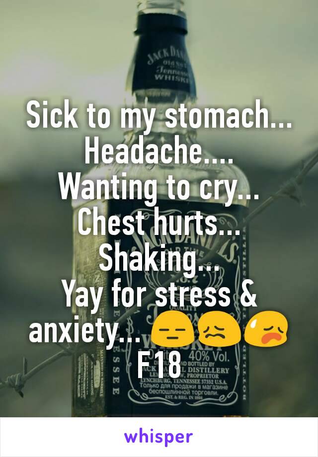 Sick to my stomach...
Headache....
Wanting to cry...
Chest hurts...
Shaking...
Yay for stress & anxiety... 😑😖😥
F18