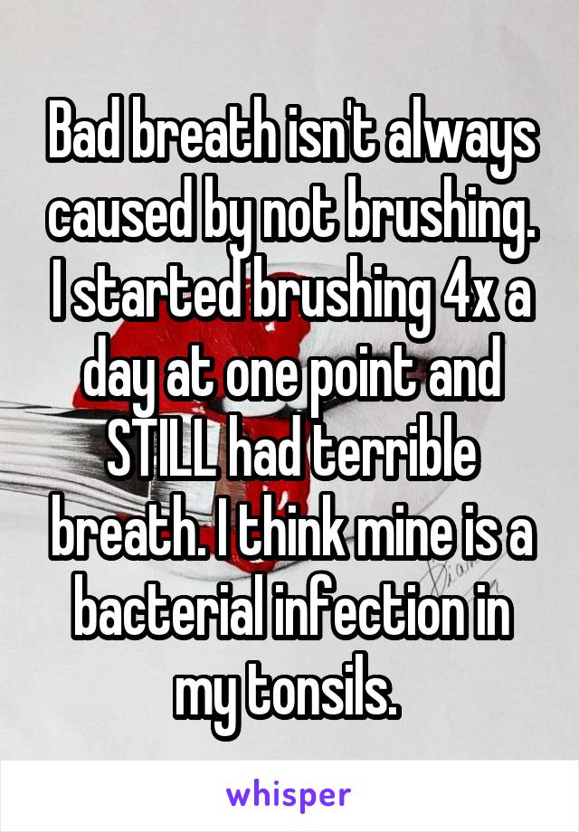 Bad breath isn't always caused by not brushing. I started brushing 4x a day at one point and STILL had terrible breath. I think mine is a bacterial infection in my tonsils. 