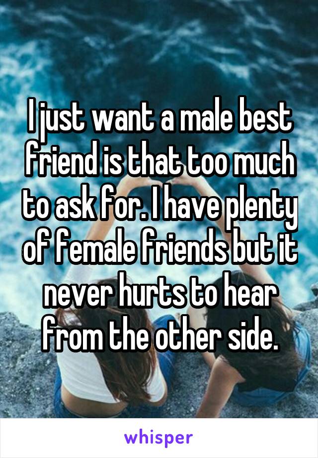 I just want a male best friend is that too much to ask for. I have plenty of female friends but it never hurts to hear from the other side.
