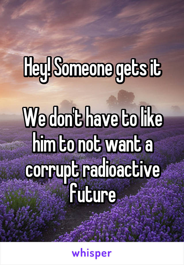 Hey! Someone gets it

We don't have to like him to not want a corrupt radioactive future