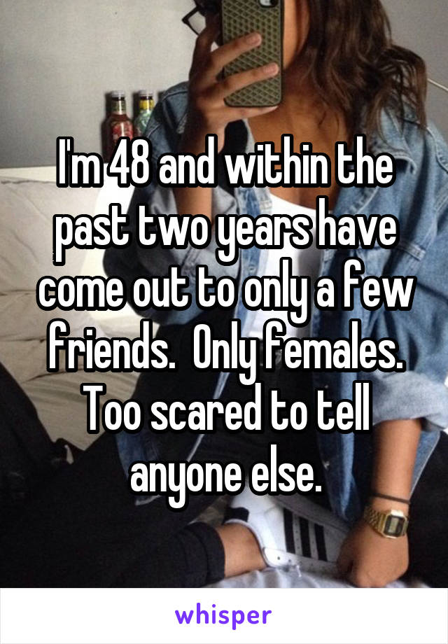 I'm 48 and within the past two years have come out to only a few friends.  Only females.
Too scared to tell anyone else.