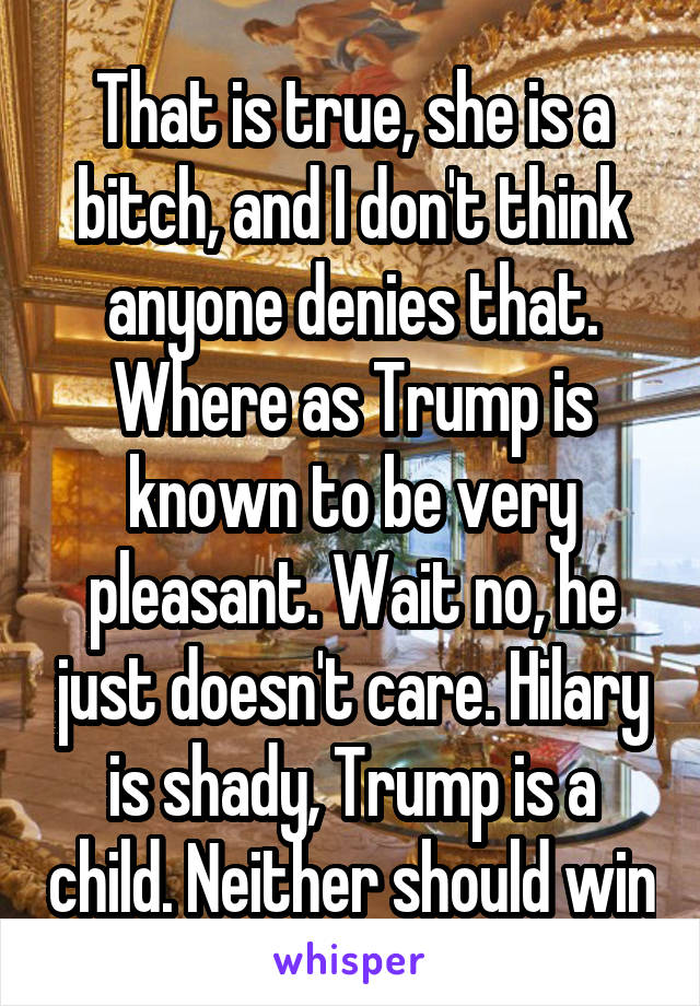 That is true, she is a bitch, and I don't think anyone denies that. Where as Trump is known to be very pleasant. Wait no, he just doesn't care. Hilary is shady, Trump is a child. Neither should win