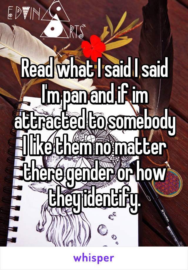 Read what I said I said I'm pan and if im attracted to somebody I like them no matter there gender or how they identify.