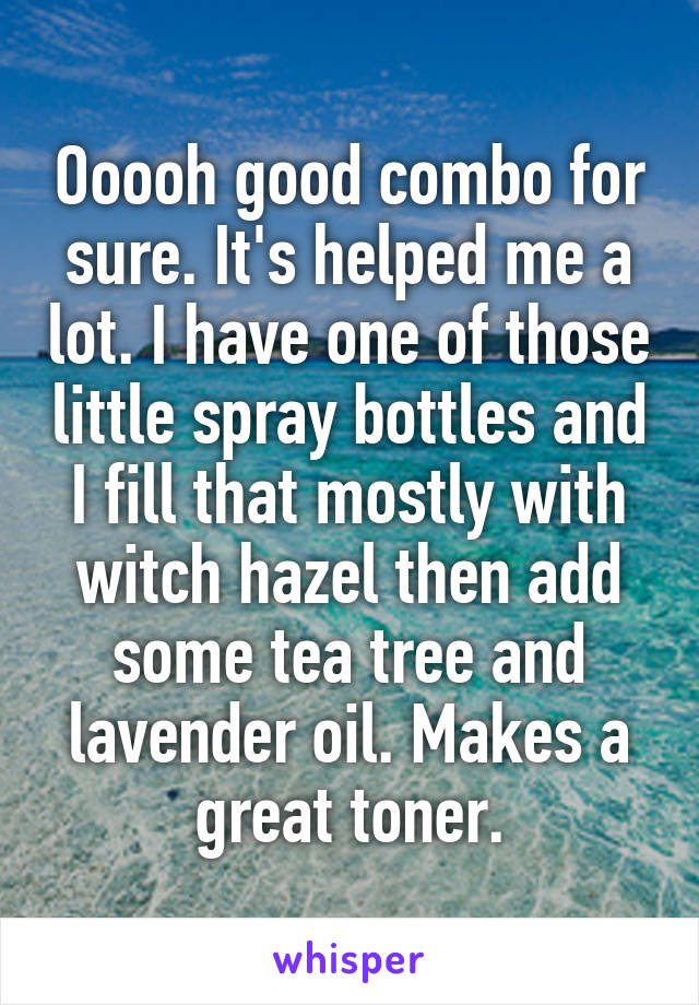 Ooooh good combo for sure. It's helped me a lot. I have one of those little spray bottles and I fill that mostly with witch hazel then add some tea tree and lavender oil. Makes a great toner.